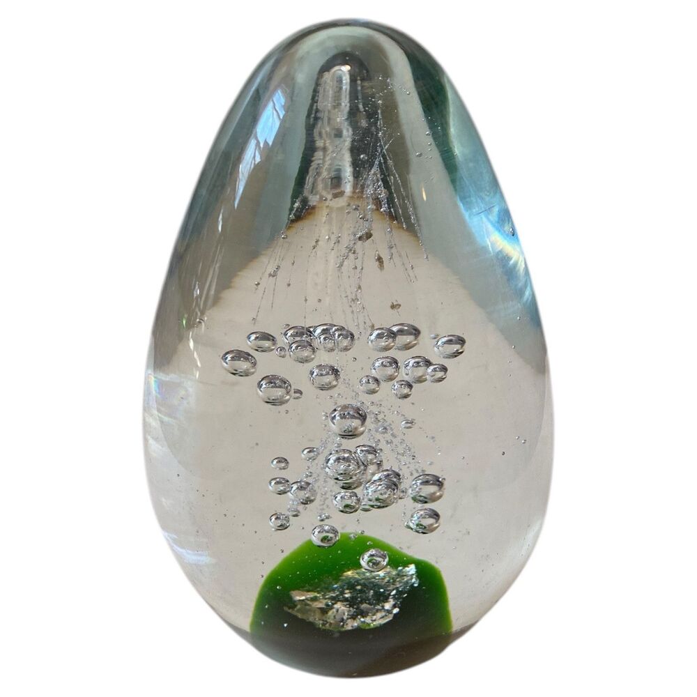 Vintage Murano Style Glass Art Paperweight Teardrop Bubbles & Green Bottom Heavy